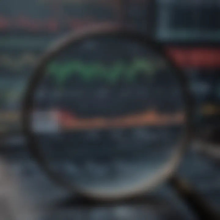 Magnifying glass focusing on stock market trend