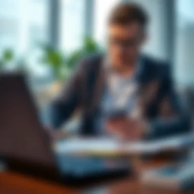 A financial expert analyzing credit card offers with a calculator and documents.