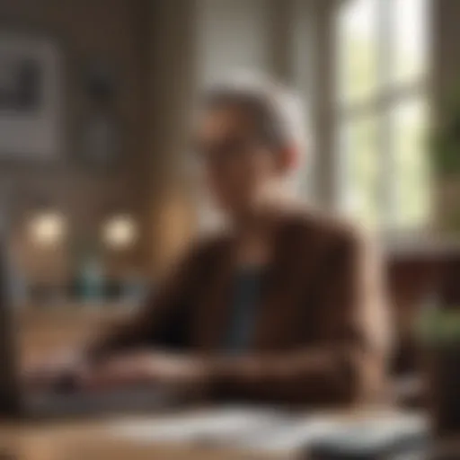 Elderly person working on laptop in cozy home office