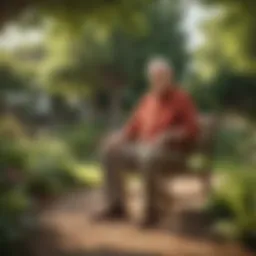 A serene retiree enjoying a peaceful garden setting, symbolizing financial security.