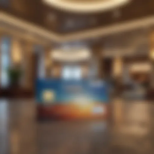 Credit card in front of a hotel lobby