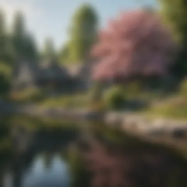 Charming lakeside cottage with blooming flowers