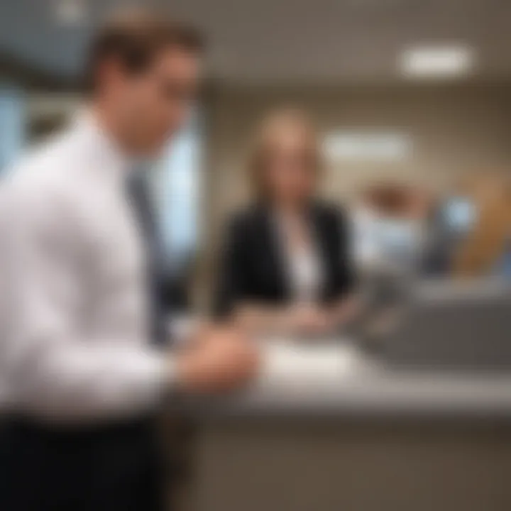 Bank teller assisting customer with check