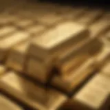 A close-up view of gold bullion bars stacked