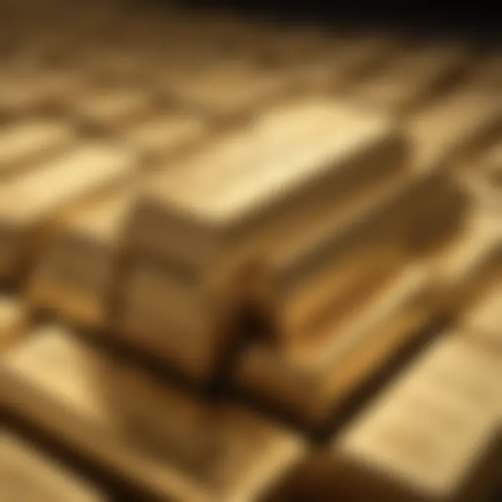 A close-up view of gold bullion bars stacked