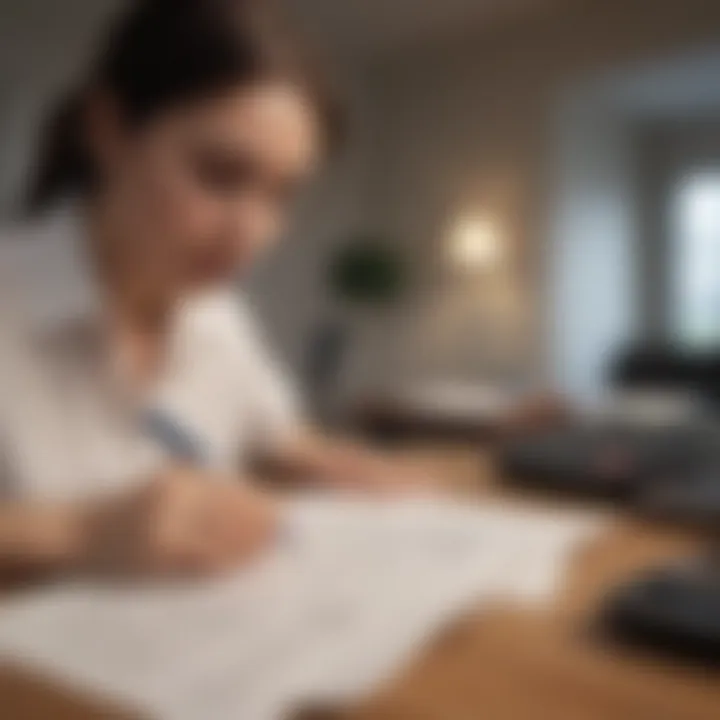 A person reviewing insurance policy documents with a calculator