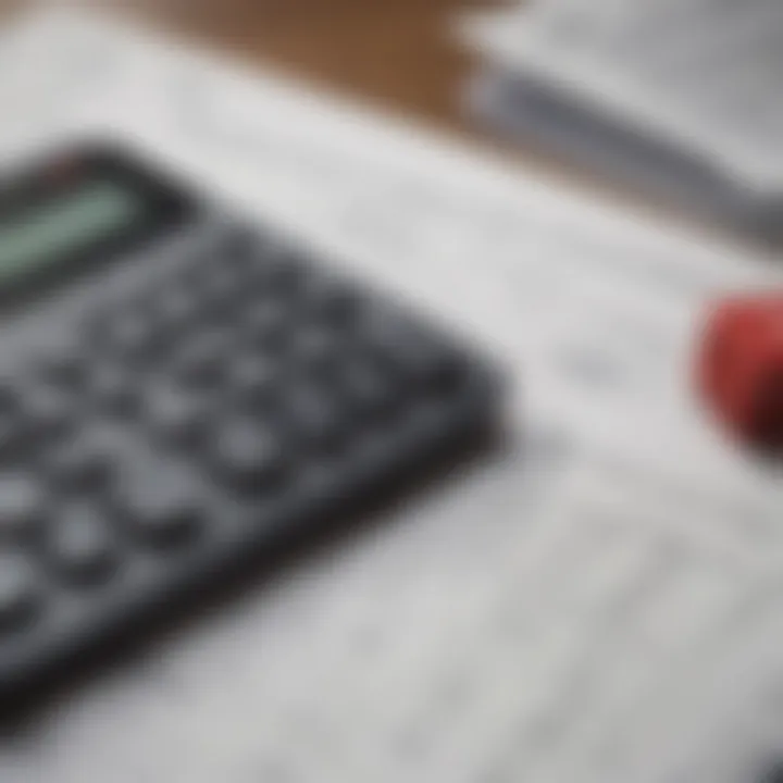 A calculator surrounded by financial documents illustrating budgeting for home buying.