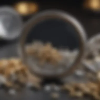 Magnifying glass focusing on detailed gold and silver jewelry