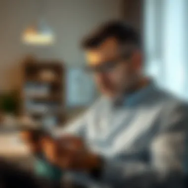 A thoughtful landlord analyzing investment options on a digital device