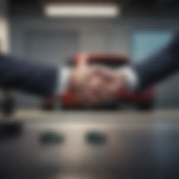 Successful deal handshake between buyer and dealership salesperson