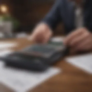 A person calculating taxes with a calculator and paperwork