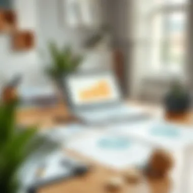 A serene workspace with financial documents and a laptop