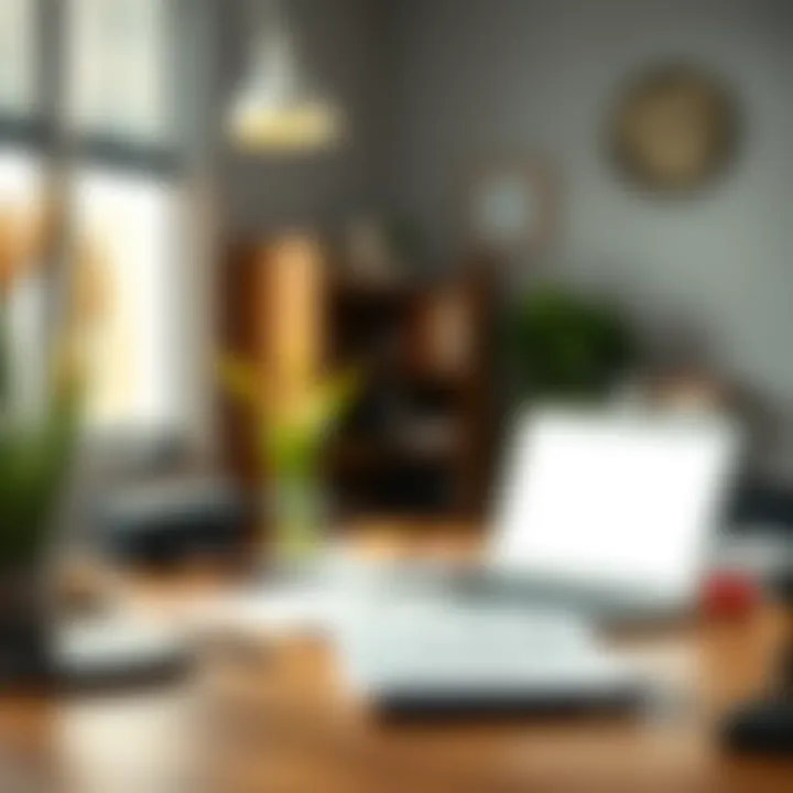 A calm and organized workspace with a laptop and paperwork.