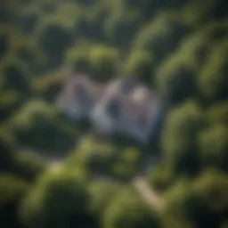 Aerial view of a neglected property with overgrown vegetation