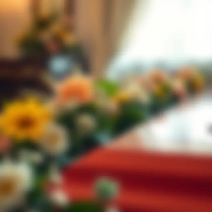 Close-up of a burial service arrangement with floral decor