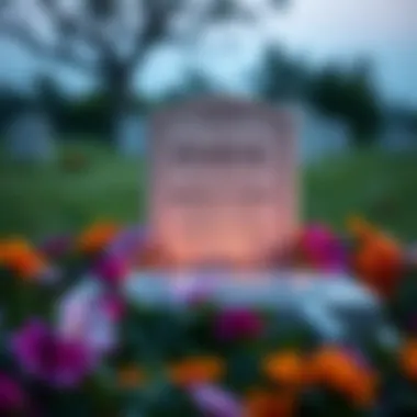 An elegant grave marker nestled among vibrant flowers