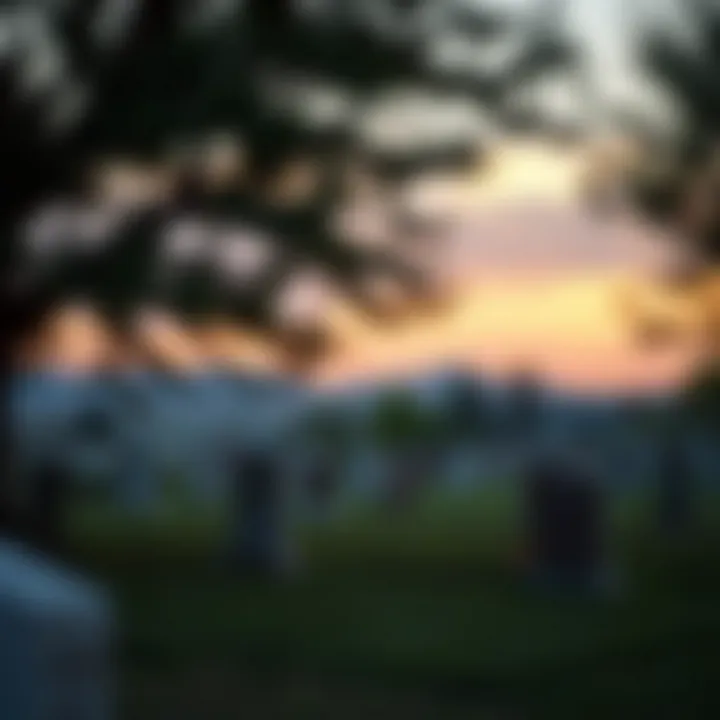 A serene view of a peaceful cemetery landscape at dusk