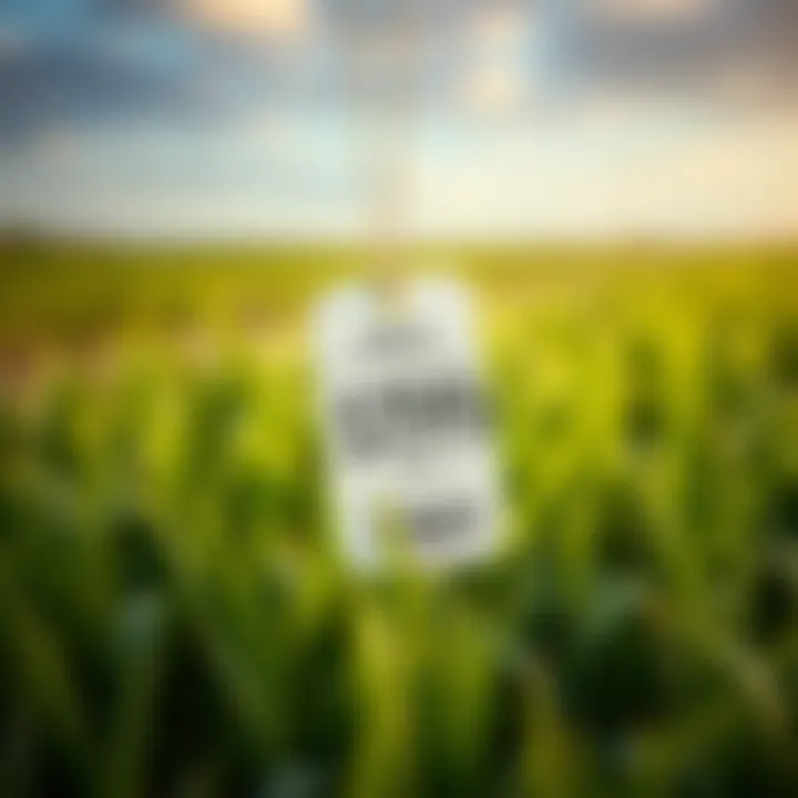 Close-up of farmland with price tag symbolizing market value