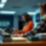 A bank teller assisting a customer at the counter